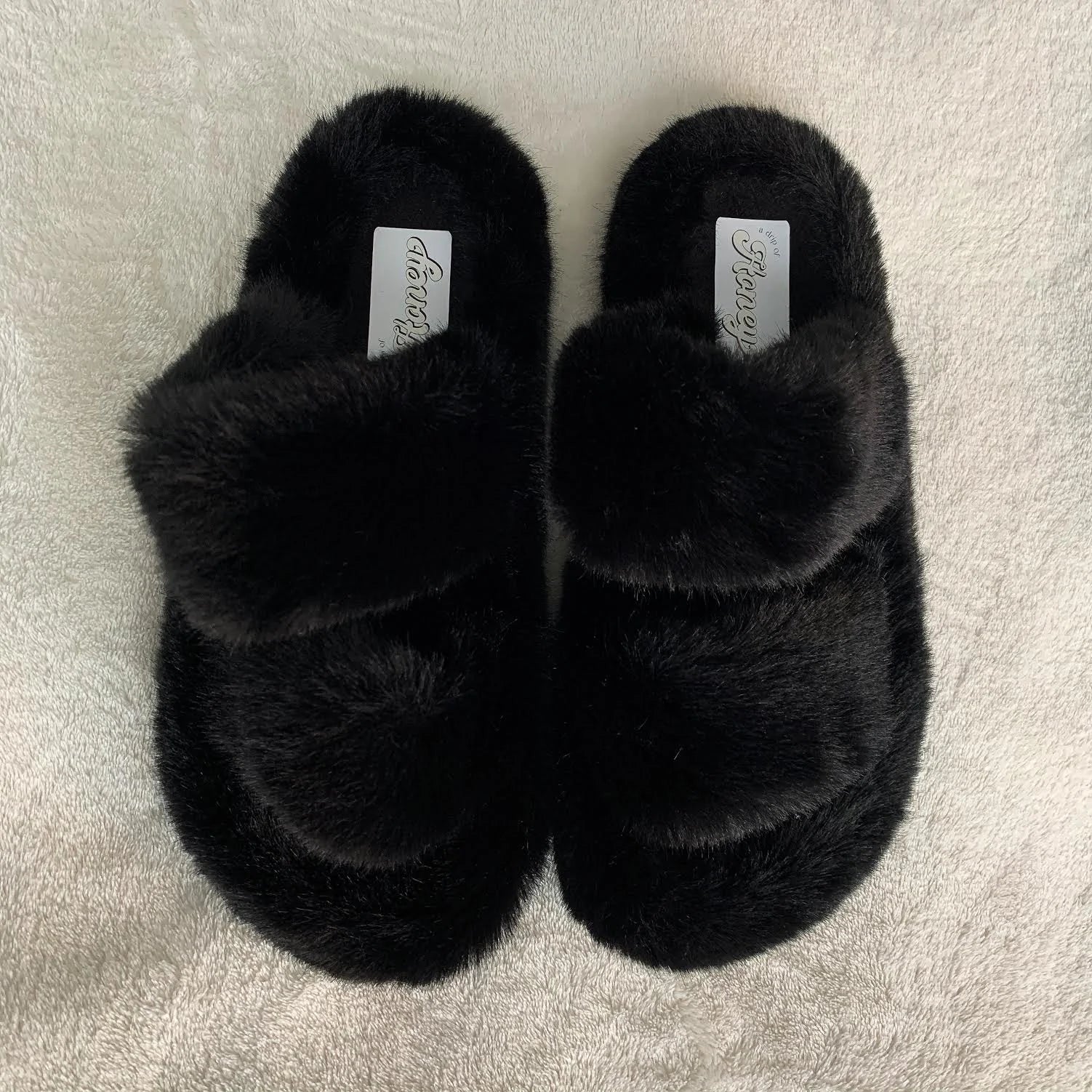 Black furry slippers deals